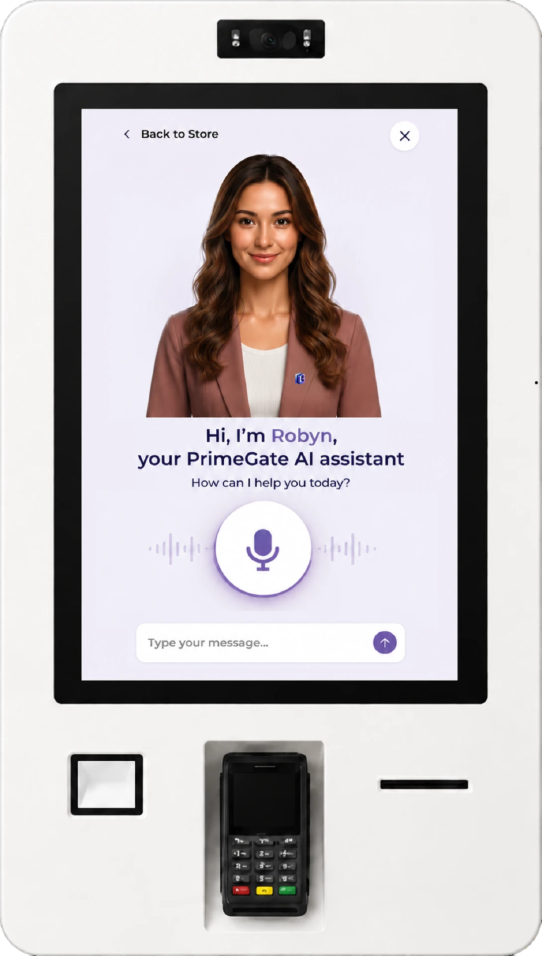 PrimeGate kiosk featuring Robyn, AI Shopping Assistant