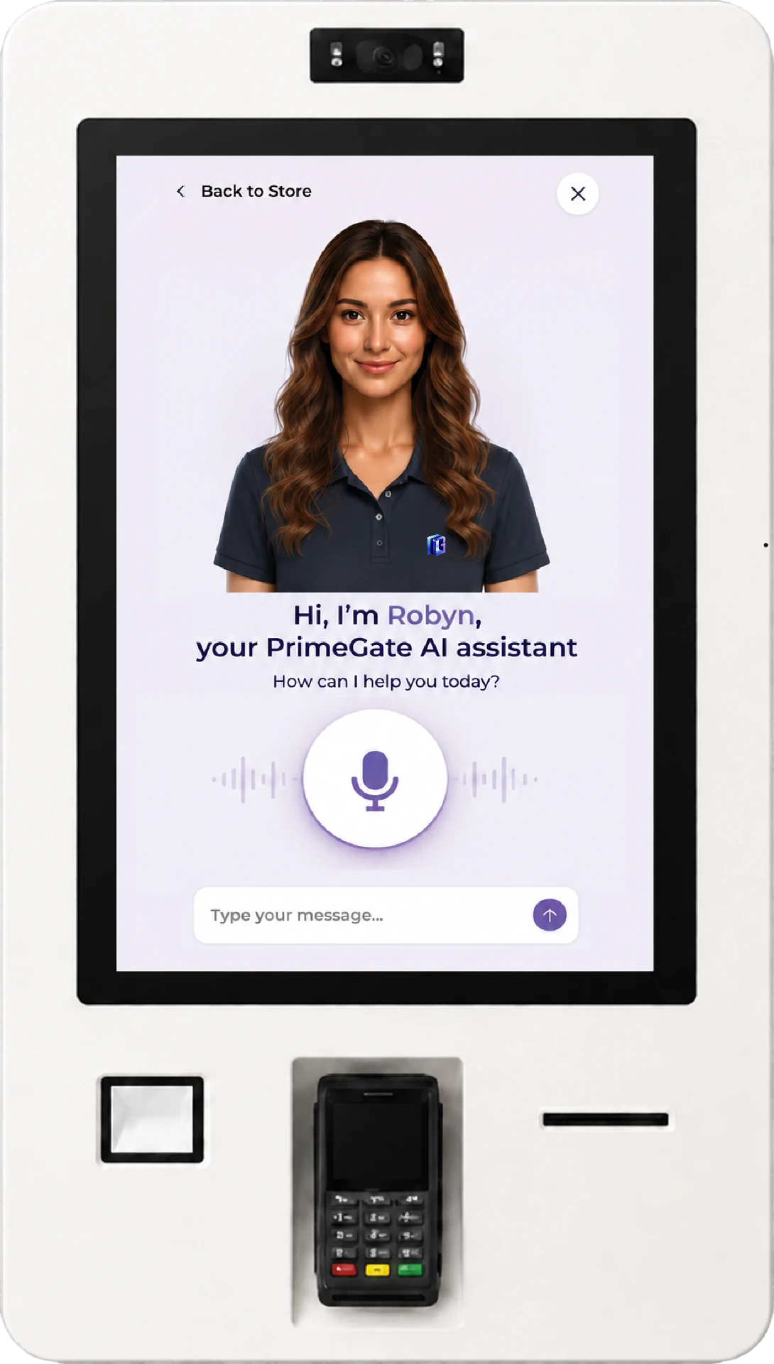 PrimeGate kiosk featuring Robyn, AI Sales & Service Assistant